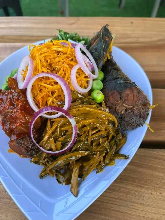 Prepared Abacha — representative serving image; packaging may vary