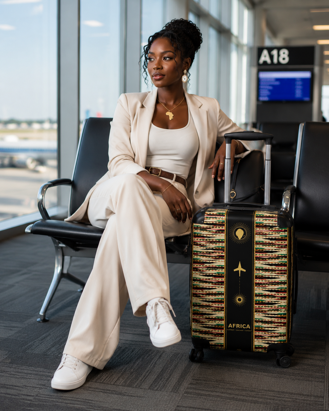 Africa Hard-Shell Suitcase with African print design at airport