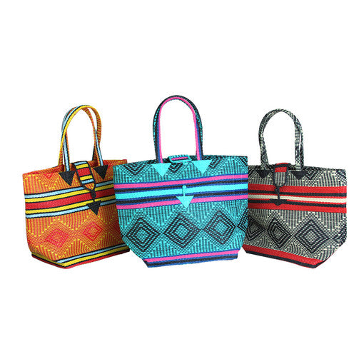 African-made woven flat-bottom tote in assorted colors