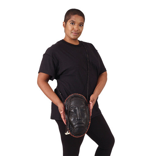 Black leather mask design purse made in The Gambia
