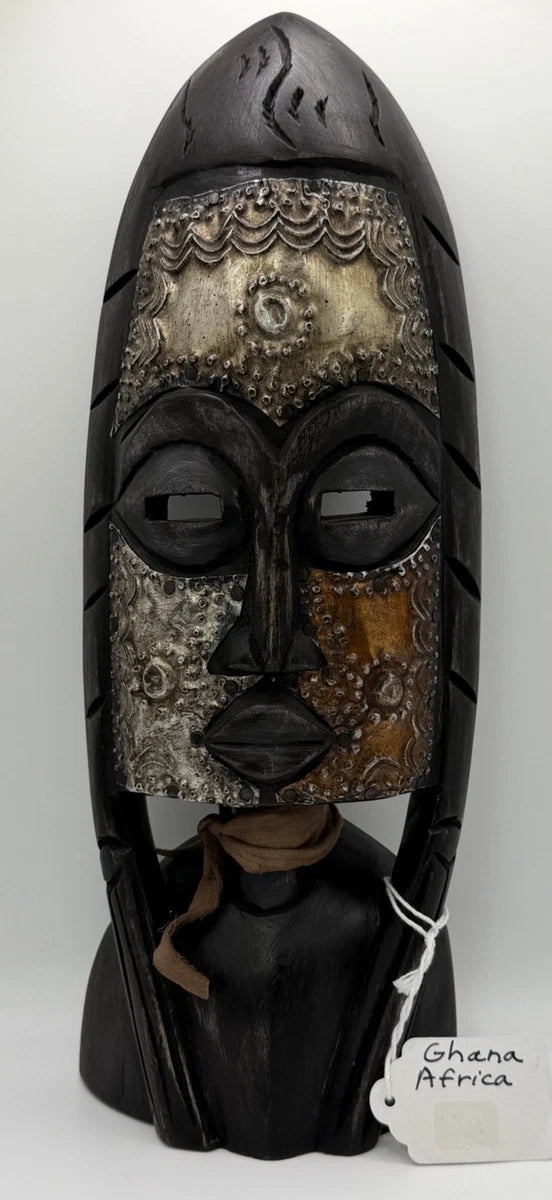 Ghana Hand-Carved Wood Mask with Brass & Copper Accents