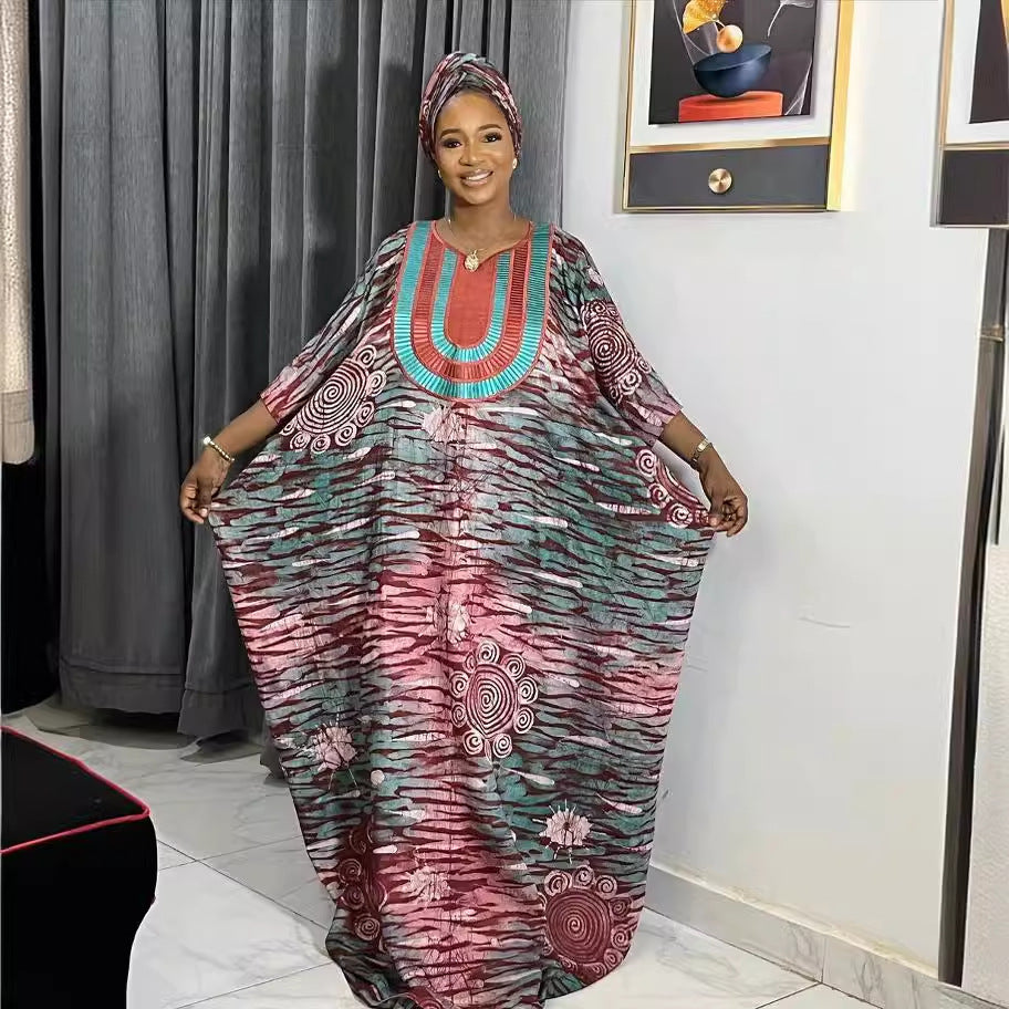 African Embroidered Loose Robe With Headscarf