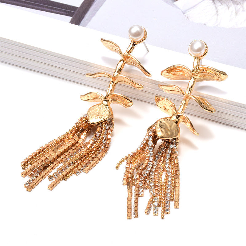 Fashion Ladies Earrings Tassel Plant Metal Jewelry