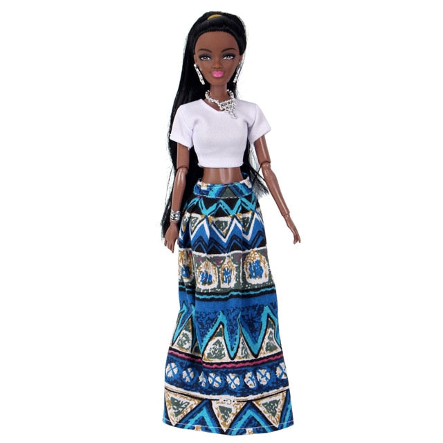 Black Dark Brown African Barbie Doll 30cm Tall with African Print Material