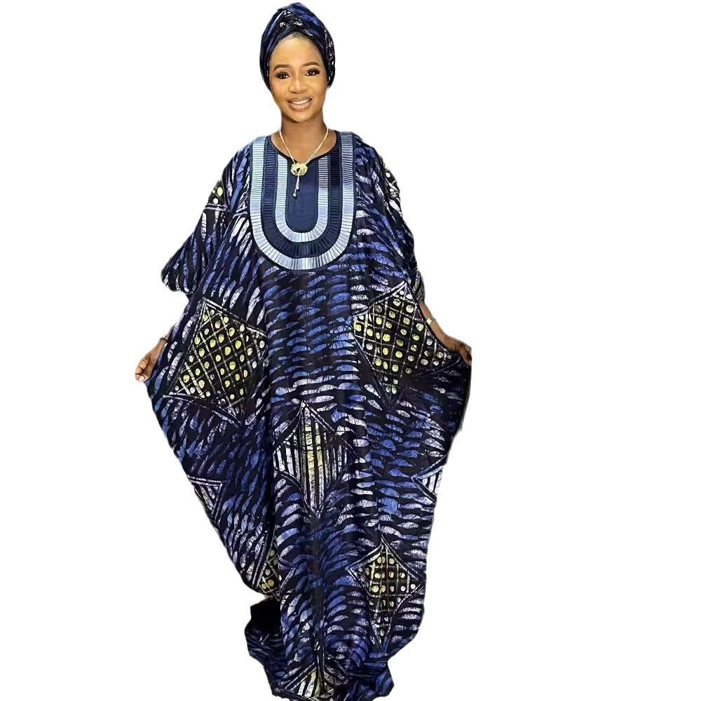 African Embroidered Loose Robe With Headscarf