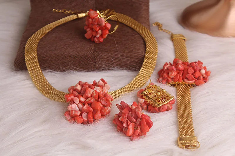 African Wedding Coral Beaded Jewelry Set