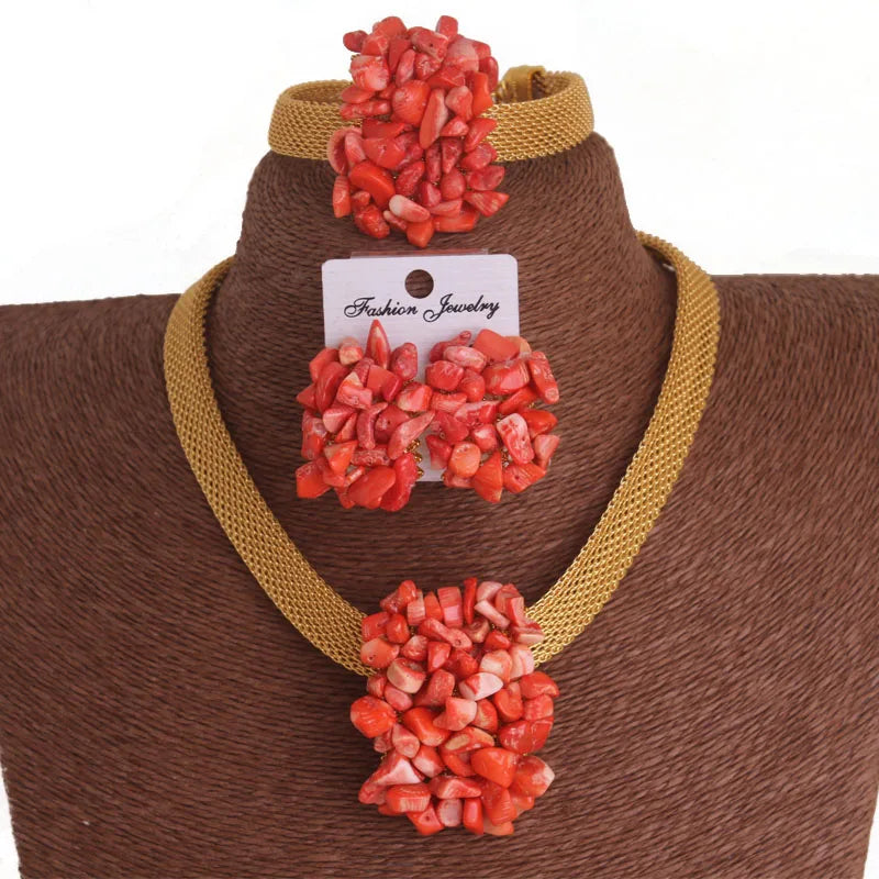 African Wedding Coral Beaded Jewelry Set