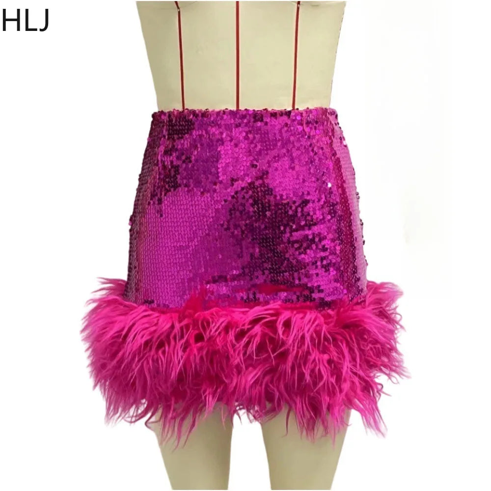 Sequin Feather Splicing Mini Skirt