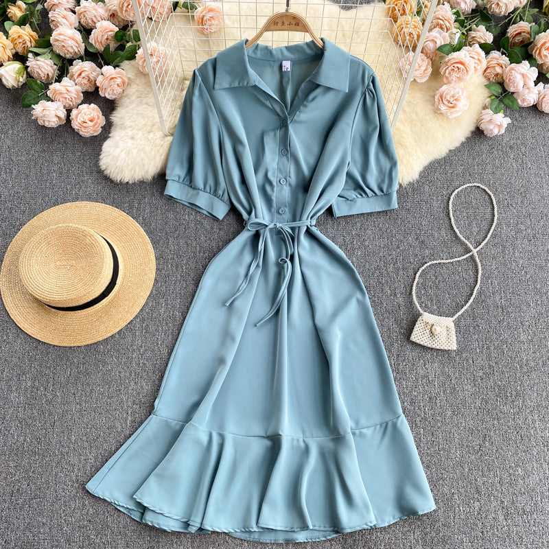 Shirt Collar Ruffle Midi Dress