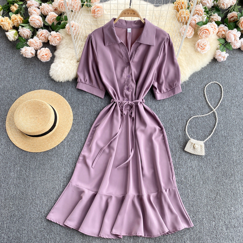 Shirt Collar Ruffle Midi Dress