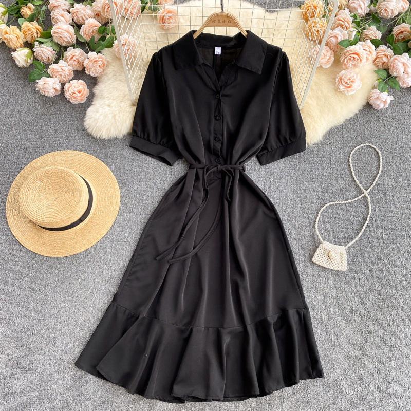 Shirt Collar Ruffle Midi Dress