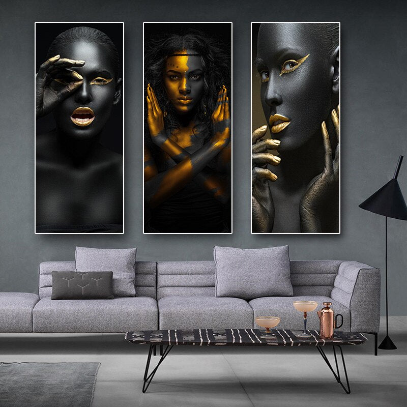 Black and Gold Nude Woman Canvas Painting