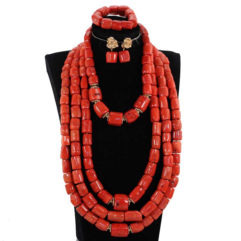 45 inches Gold and Coral Long Statement Necklace