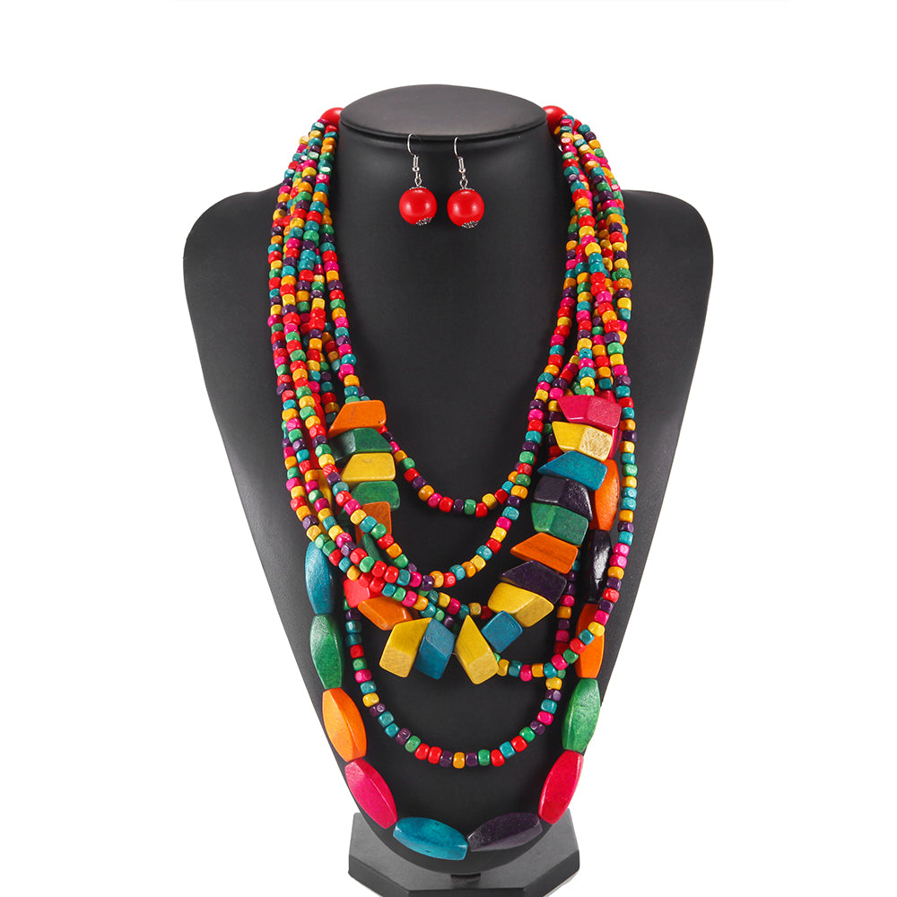 Wooden Bead Ethnic-Style Necklace