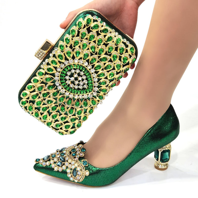 New Arrival D.Green Color African Women Shoes Italian Design Shoes And Bag  Set Decorated with Rhinestone For Party And Wedding