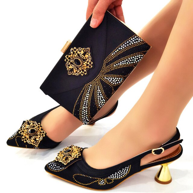 Matching Shoes and Bag Set black Color Italian Ladies Shoe and Bag Set  Decorated with Rhinestone African Party Shoes - AliExpress